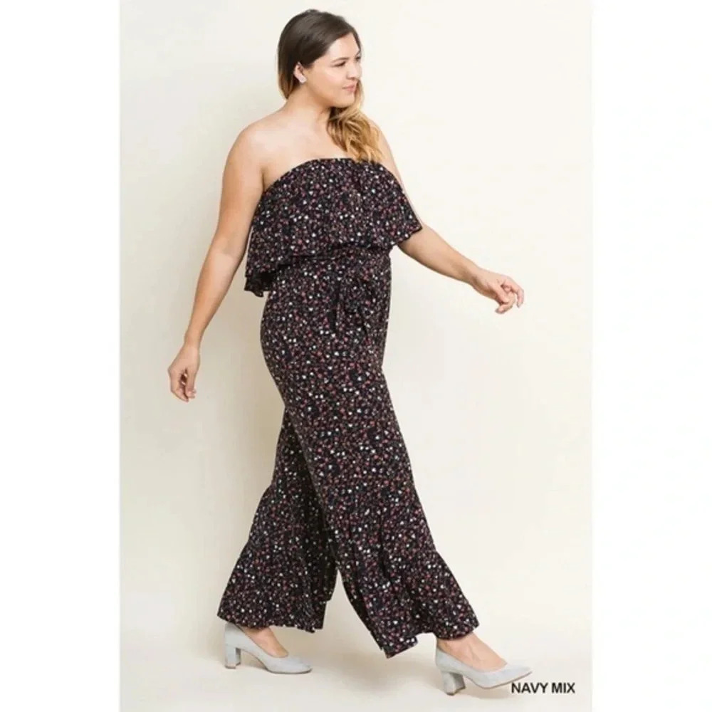 Umgee Be Playful Navy Ditsy Floral Off Shoulder Ruffle Wide Leg Navy Jumpersuit